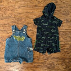Baby Alligator Set With Denim Shortalls And Romper